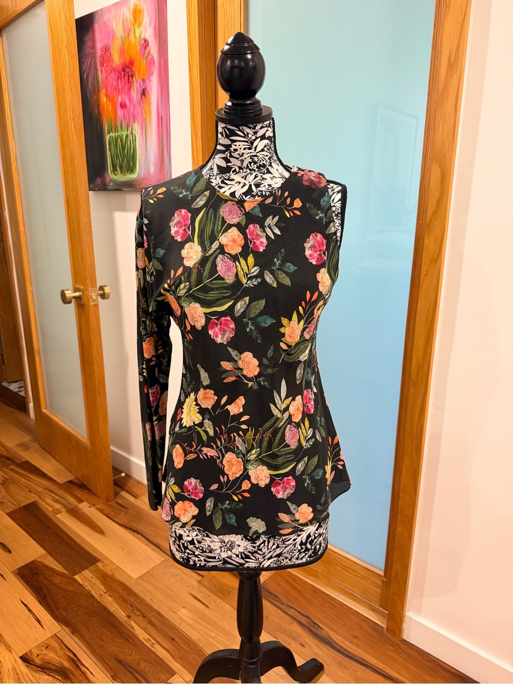 Theory 100% Silk Floral Asymmetrical Long Sleeve Blouse